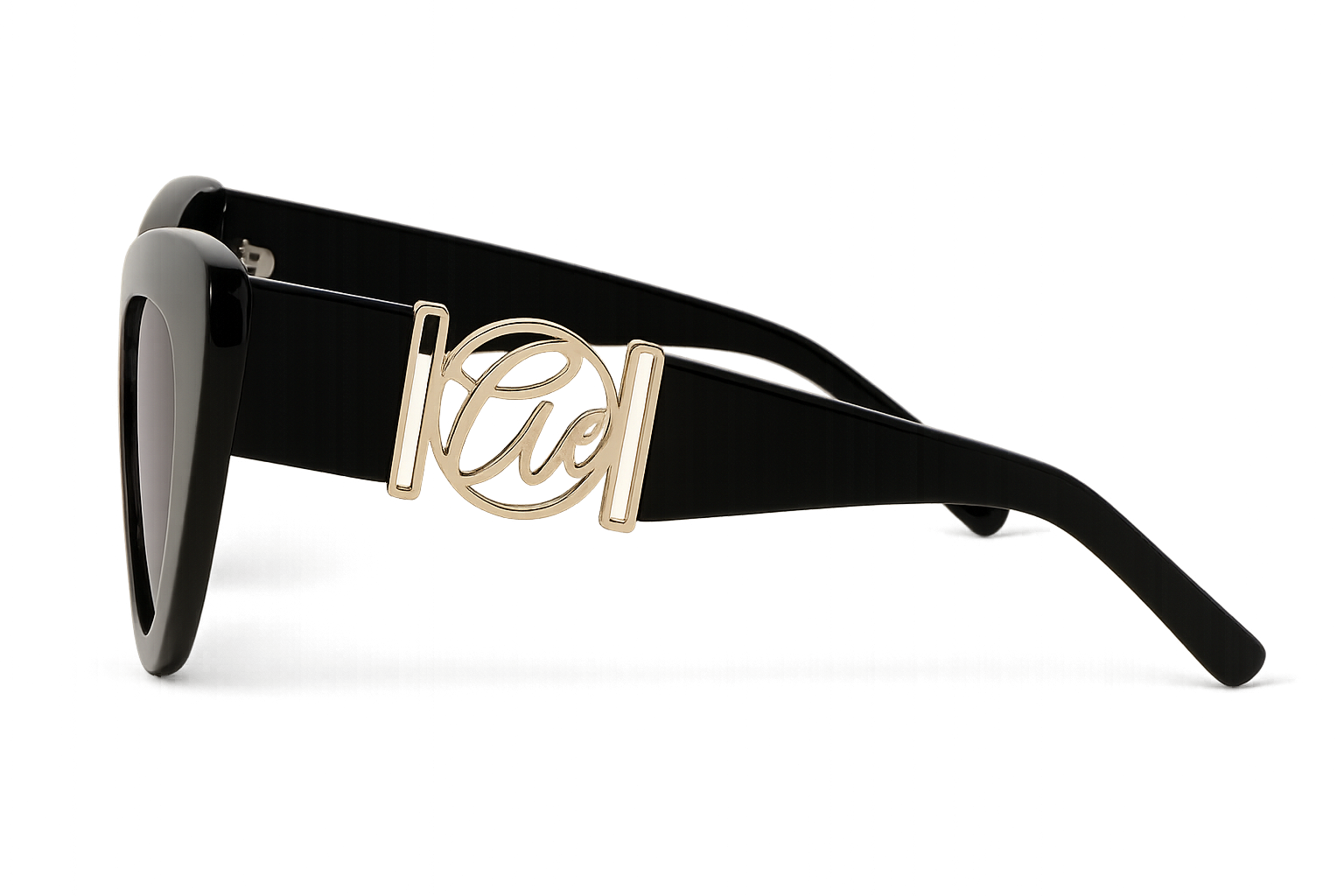 Black cat eye, designer, luxury sunglasses with gold detail