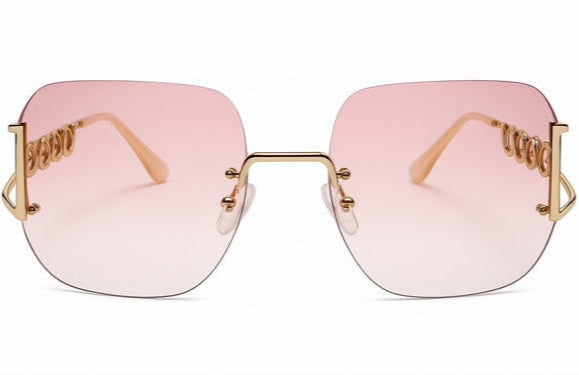 Rimless square pink designer sunglasses with gold detail