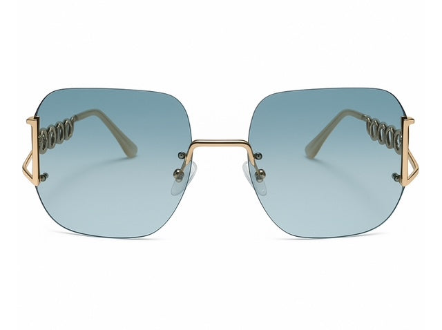 Rimless square turquoise designer sunglasses with gold detail