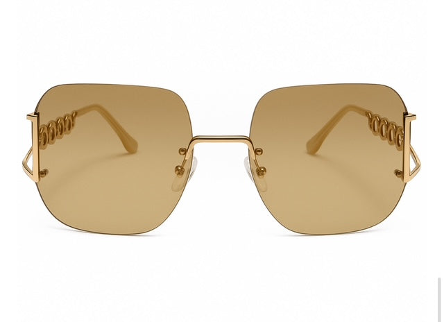 Rimless square brown designer sunglasses with gold detail
